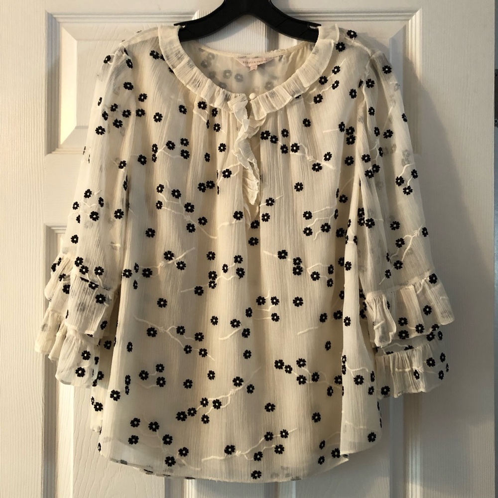 Rebecca Taylor Ivory blouse with black embroidered flowers. Size 12.